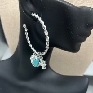 Turquoise Charm Twisted Hoop Earrings – Silver